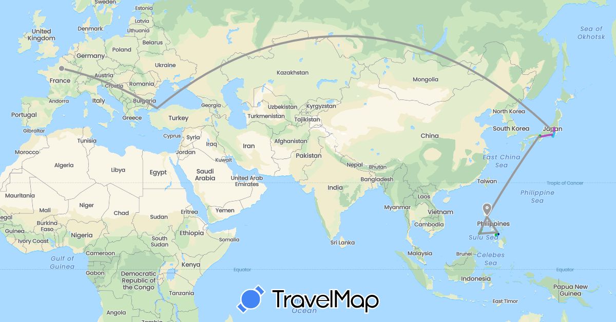 TravelMap itinerary: driving, bus, plane, train, boat in France, Japan, Philippines (Asia, Europe)